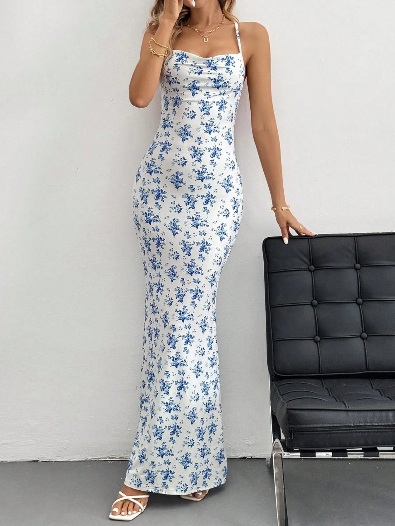 Crisscross Back Floral Print Bodycon Maxi Dress
