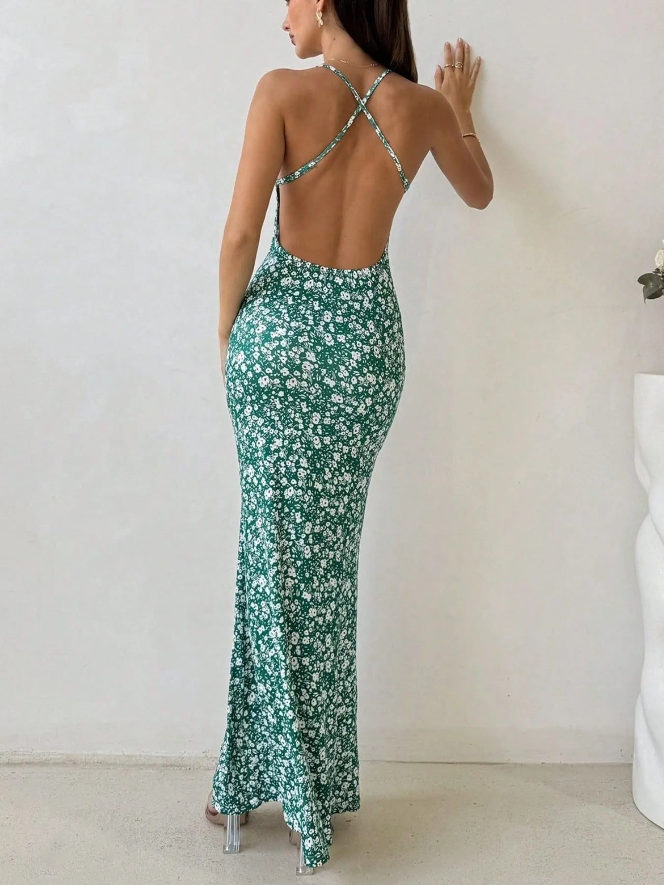 Crisscross Back Floral Print Bodycon Maxi Dress
