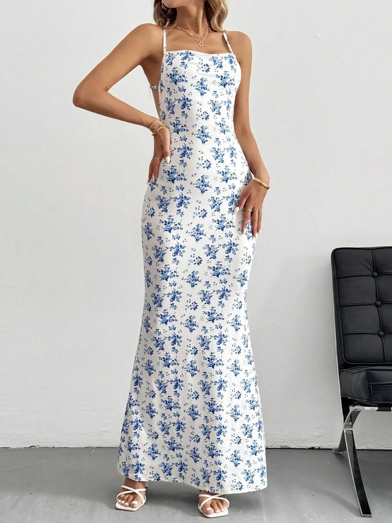 Crisscross Back Floral Print Bodycon Maxi Dress