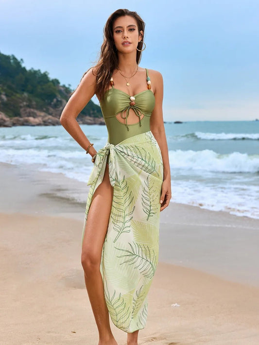 Cutout Sweetheart Neck One - Piece Swimwear and Cover - Up Swim Set