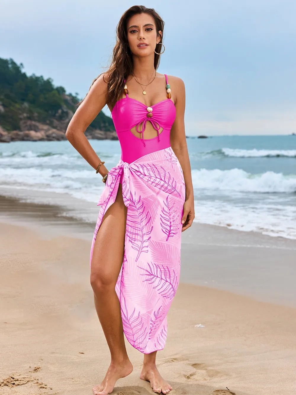 Cutout Sweetheart Neck One - Piece Swimwear and Cover - Up Swim Set