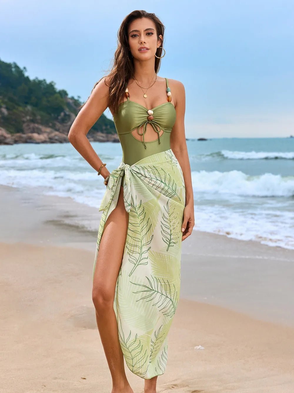 Cutout Sweetheart Neck One - Piece Swimwear and Cover - Up Swim Set