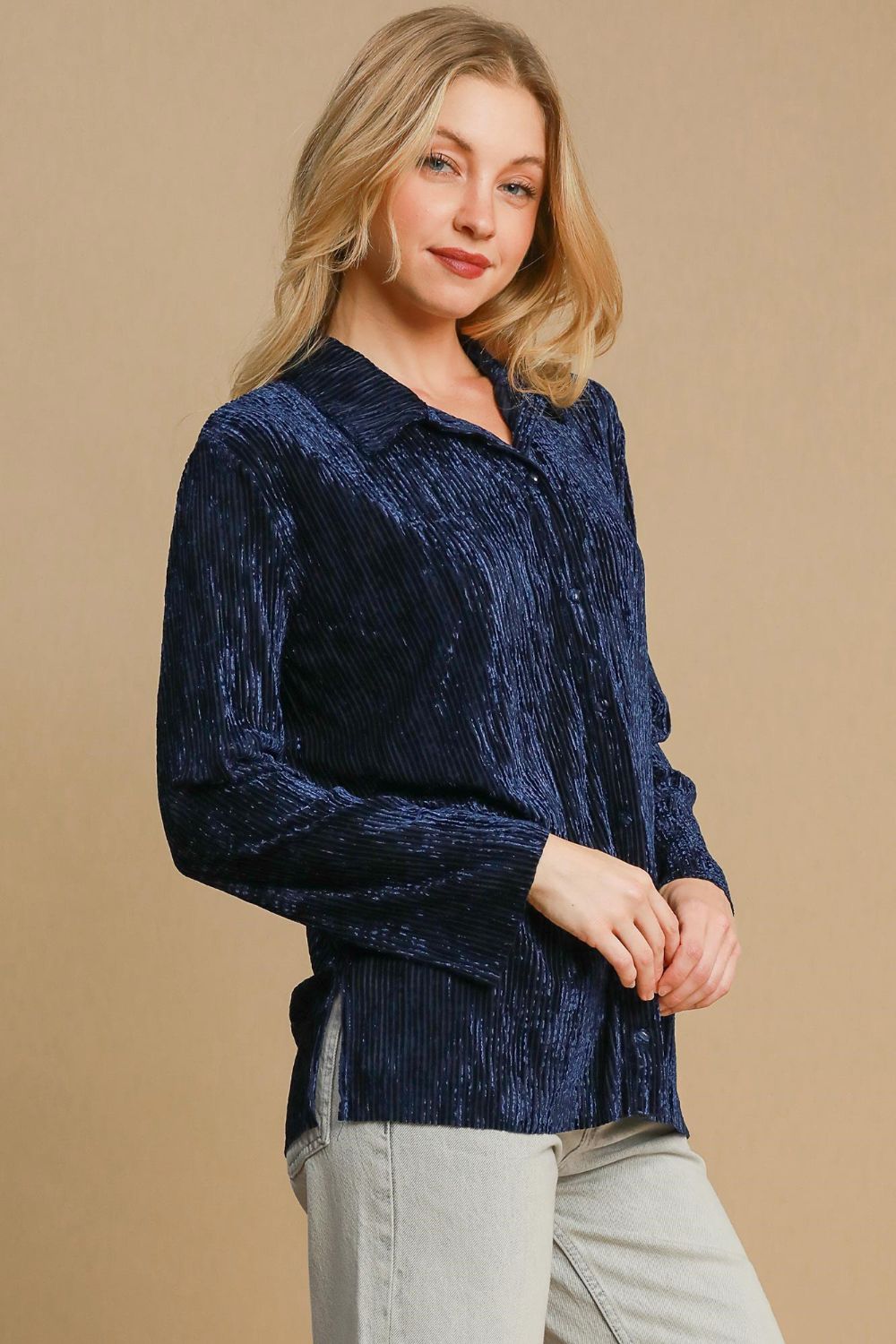 Umgee Side Slit Texture Button Up Shirt - Classique Collection