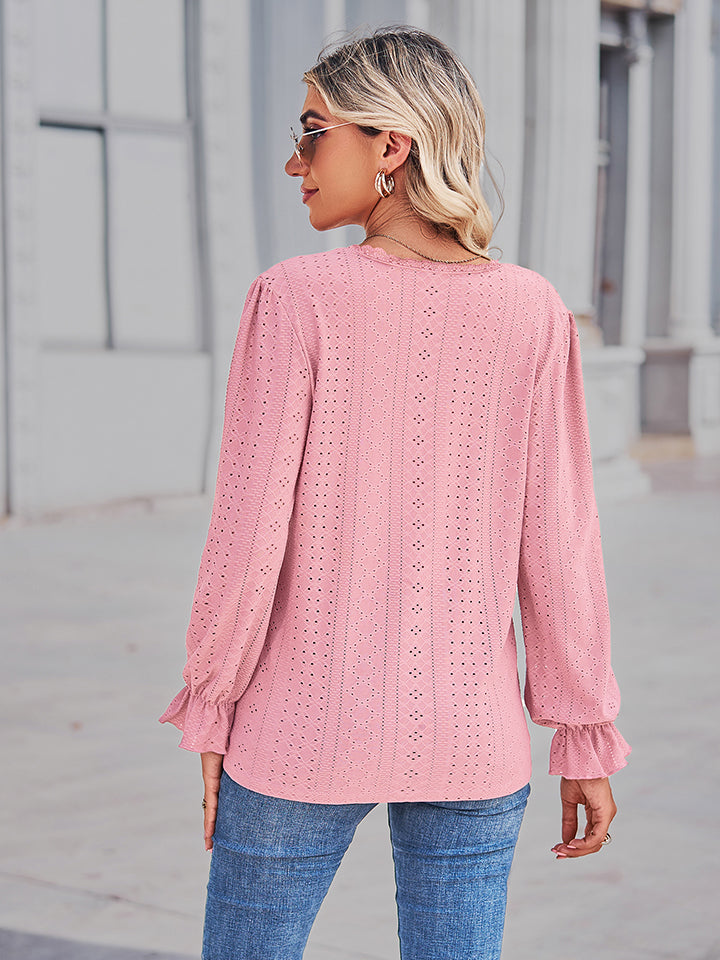Eyelet V-Neck Flounce Sleeve Blouse - Classique Collection