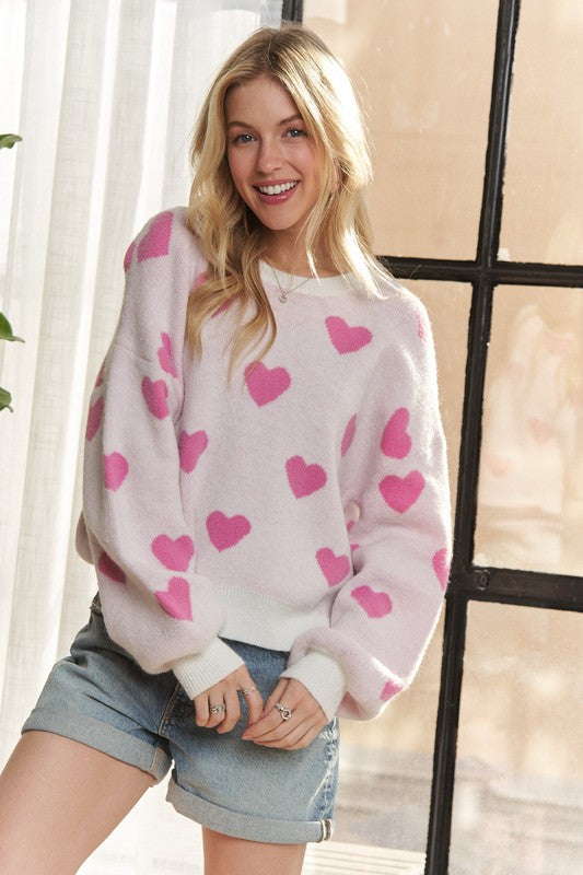 ADORA Heart Round Neck Drop Shoulder Sweater - ClassiQ