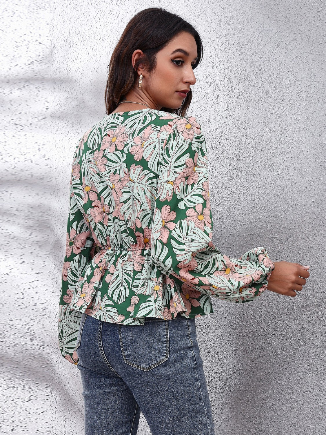 Floral V-Neck Balloon Sleeve Peplum Blouse - Classique Collection