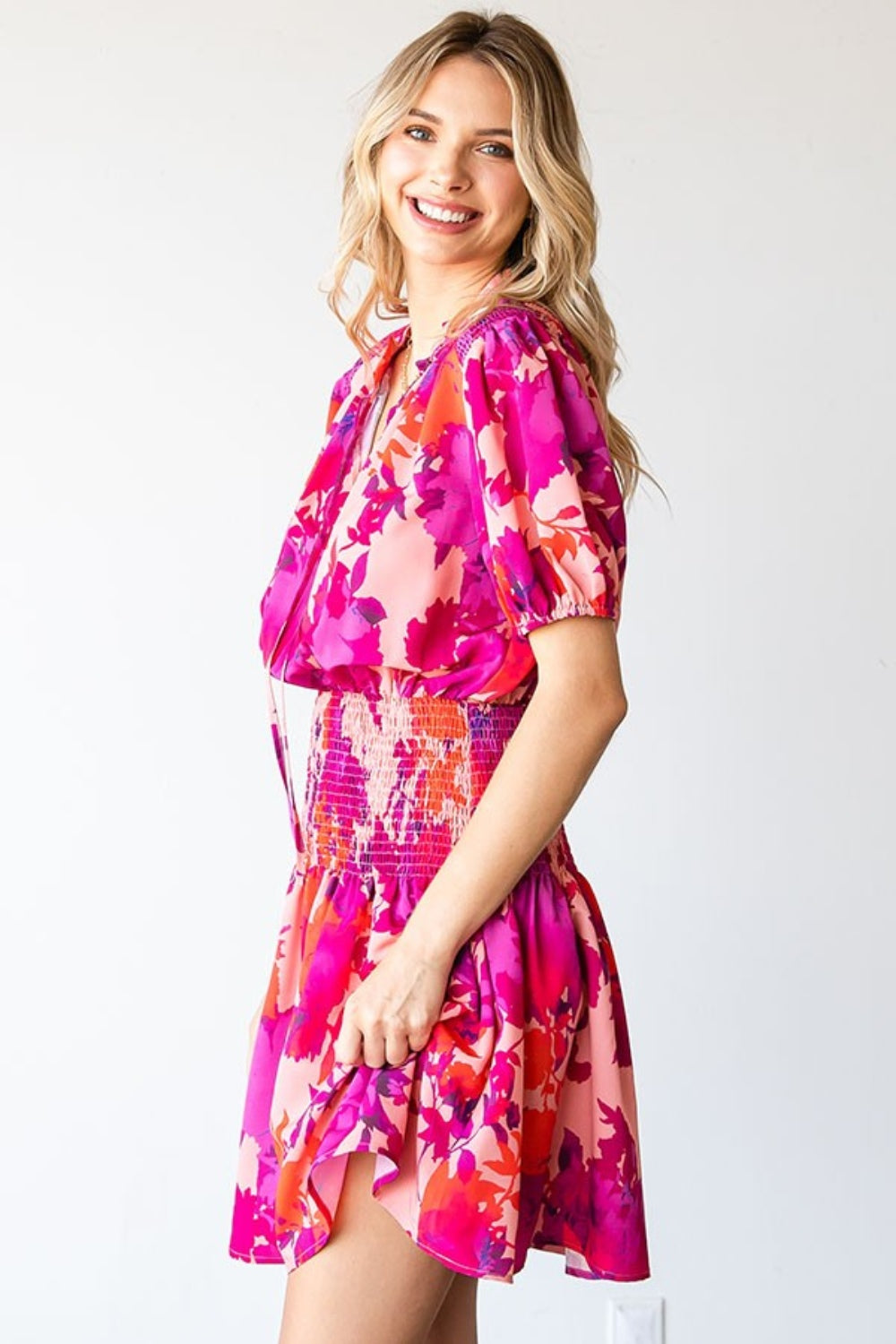 First Love Floral Short Sleeve Smocked Mini Dress - ClassiQ