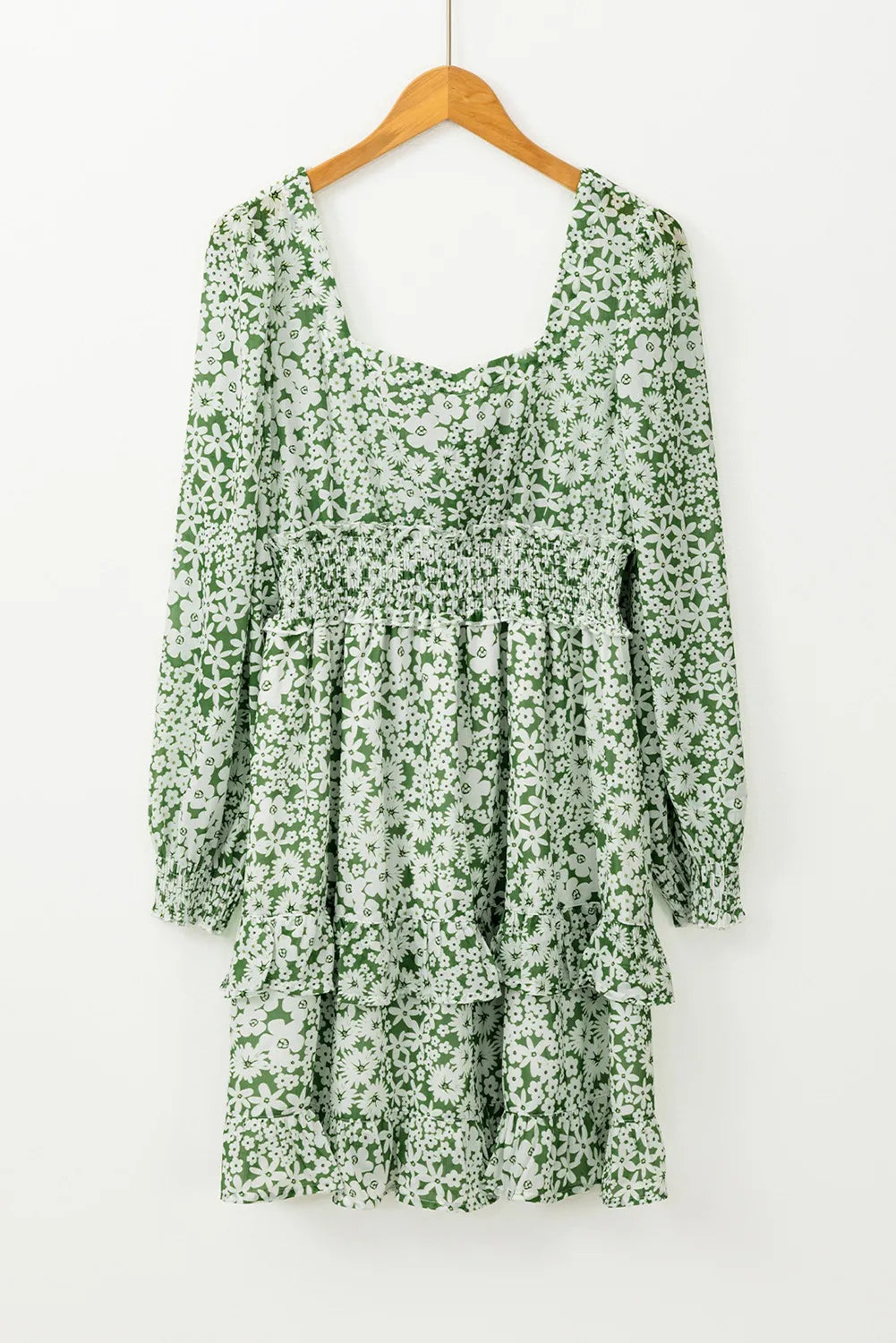 Ruffle Hem Floral Square Neck Long Sleeve Dress - Classique Collection