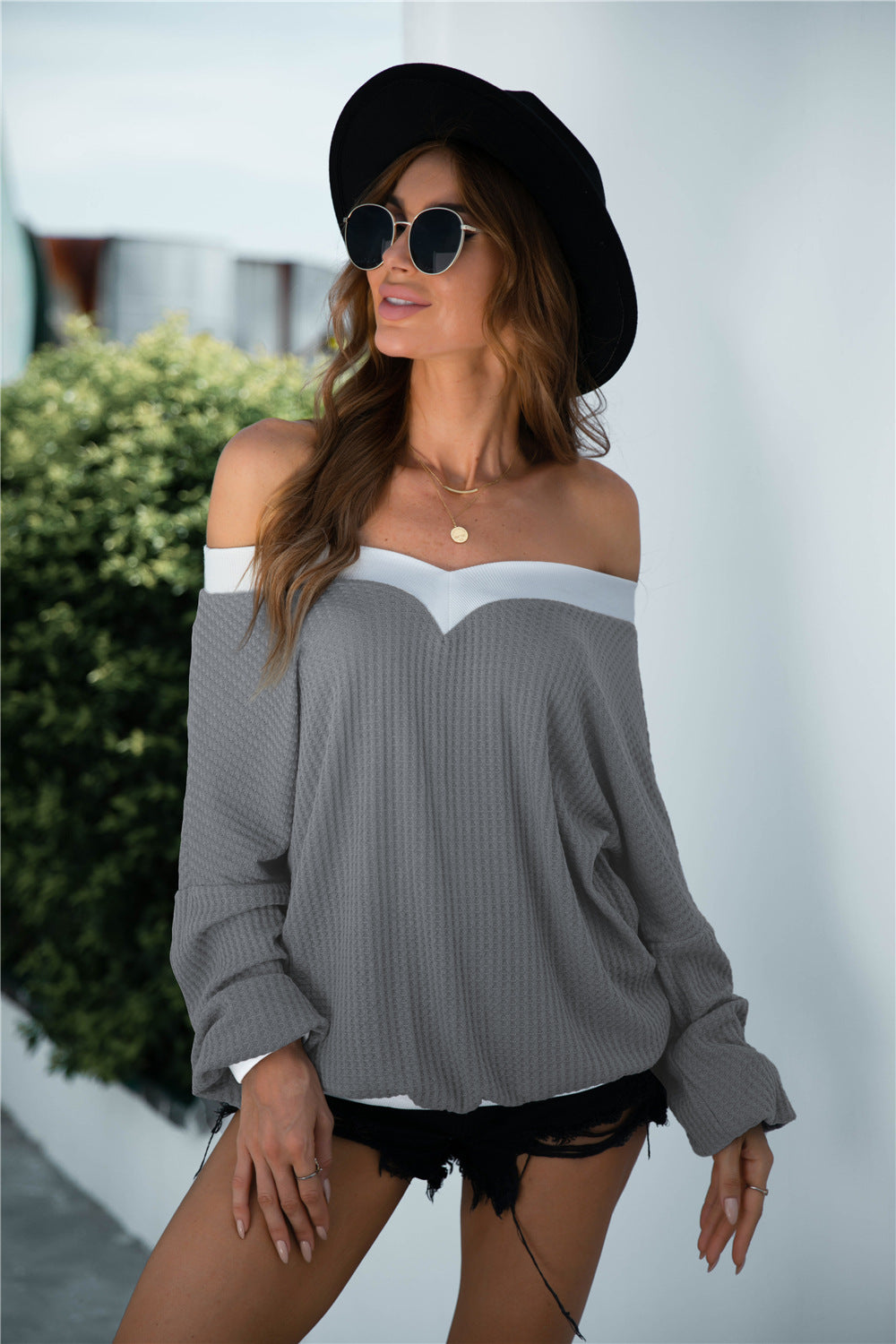 Off-Shoulder Waffle-Knit Dropped Shoulder Blouse - Classique Collection