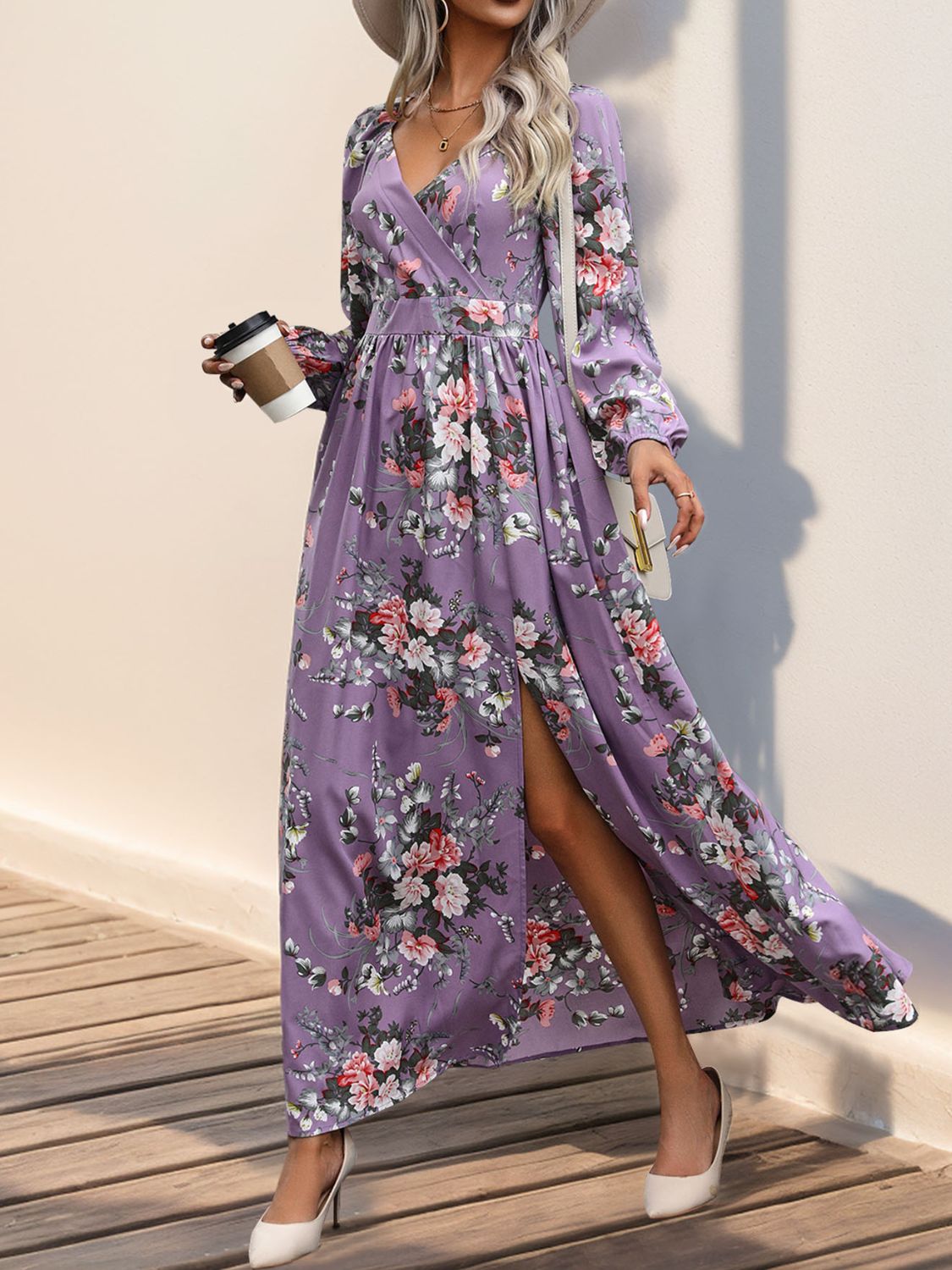 Perfee Slit Printed Surplice Long Sleeve Maxi Dress - Classique Collection