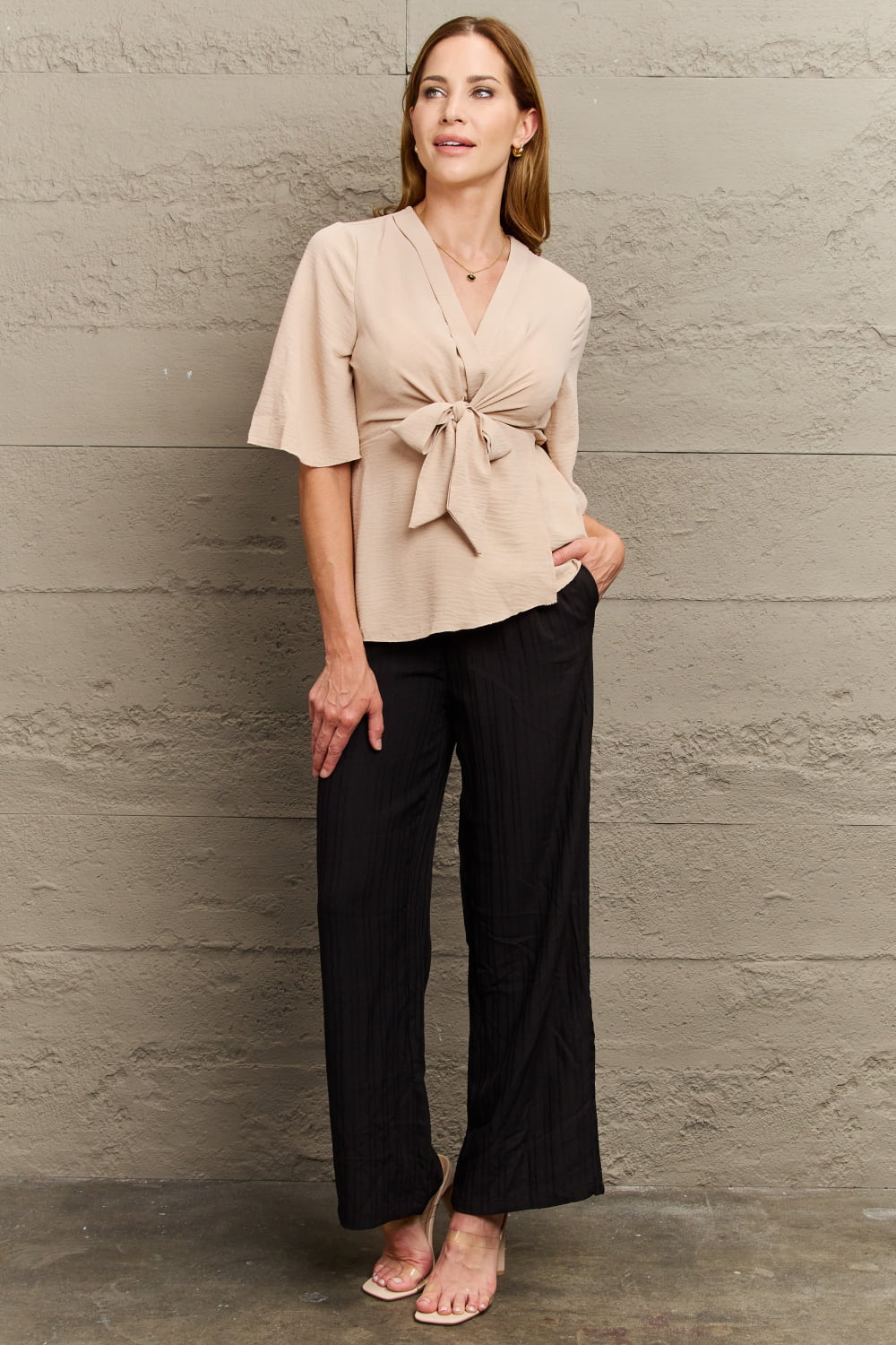 Perfee V-Neck Tie Front Half Sleeve Blouse - Classique Collection
