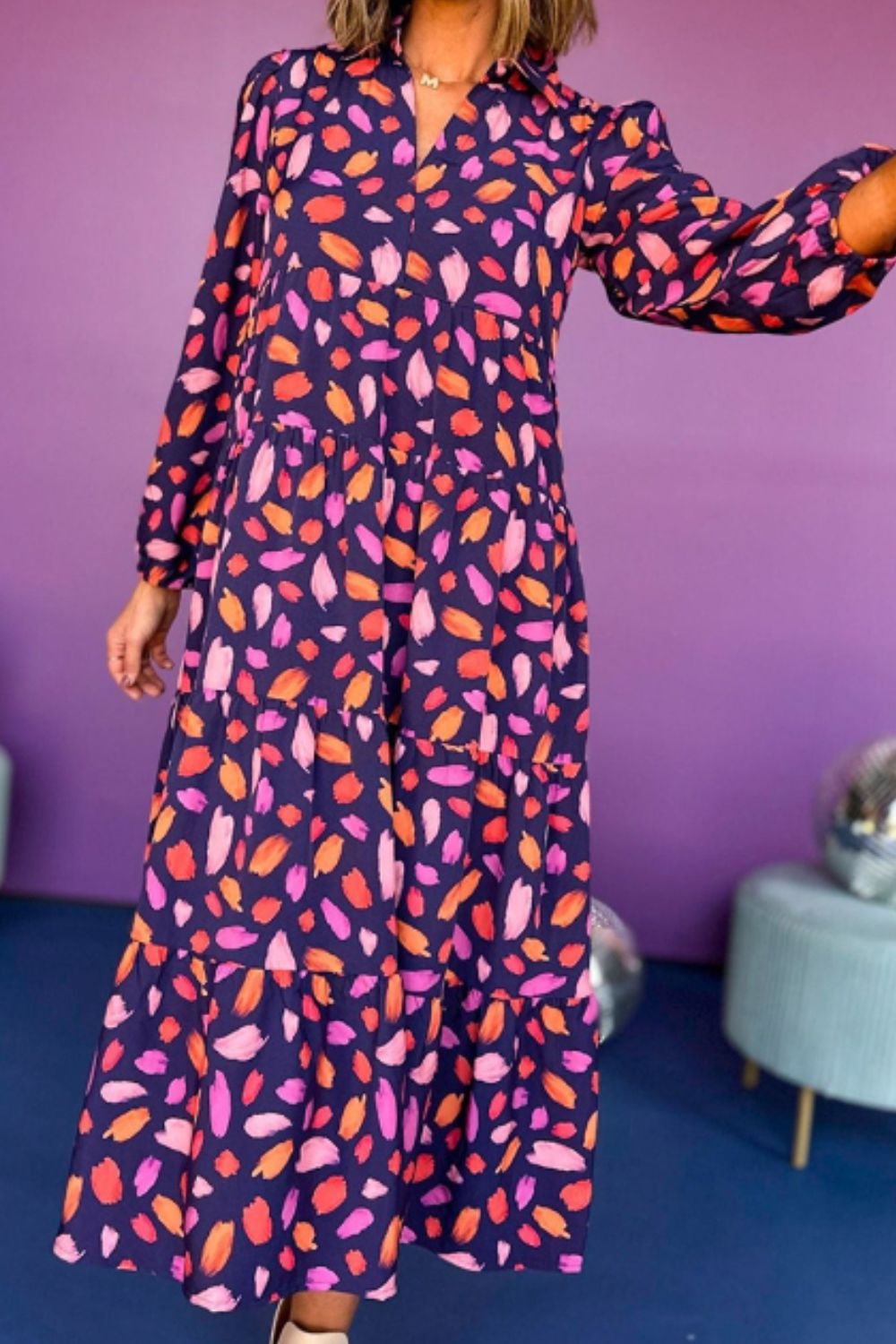 Printed Notched Long Sleeve Dress - Classique Collection