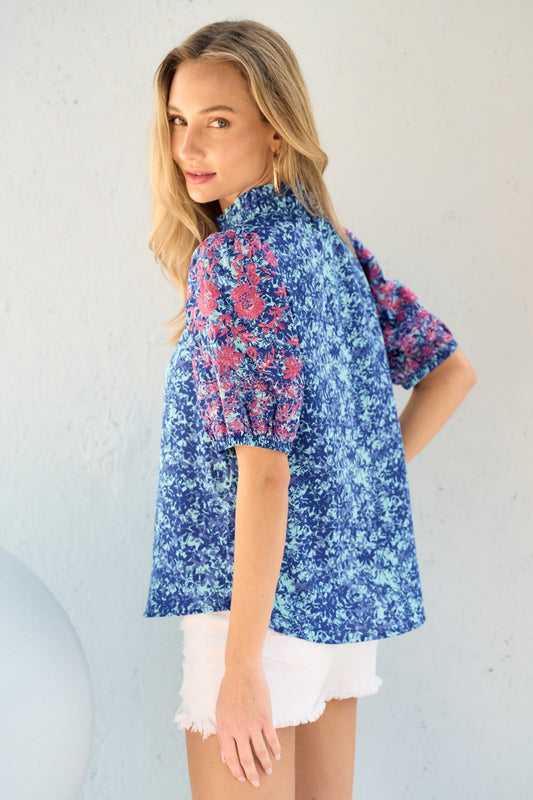 Hailey & Co Embroidered Puff Sleeve Printed Blouse - Classique Collection