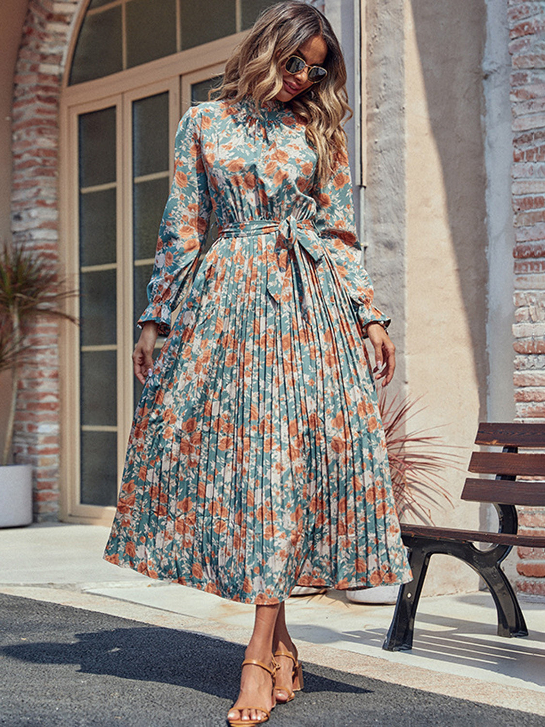 Perfee Tied Pleated Printed Mock Neck Long Sleeve Dress - Classique Collection
