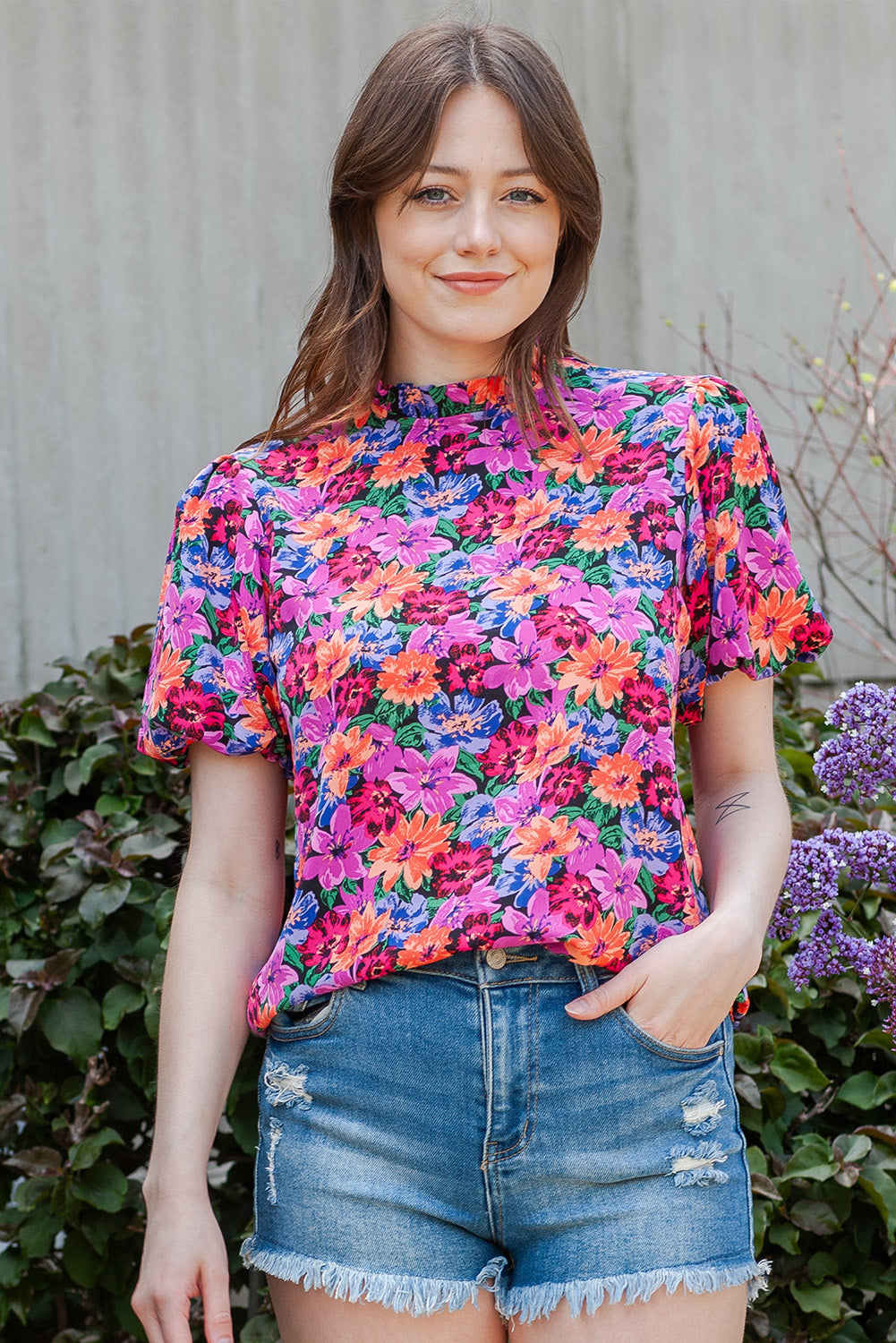 Floral Print Puff Sleeve Round Neck Blouse - ClassiQ