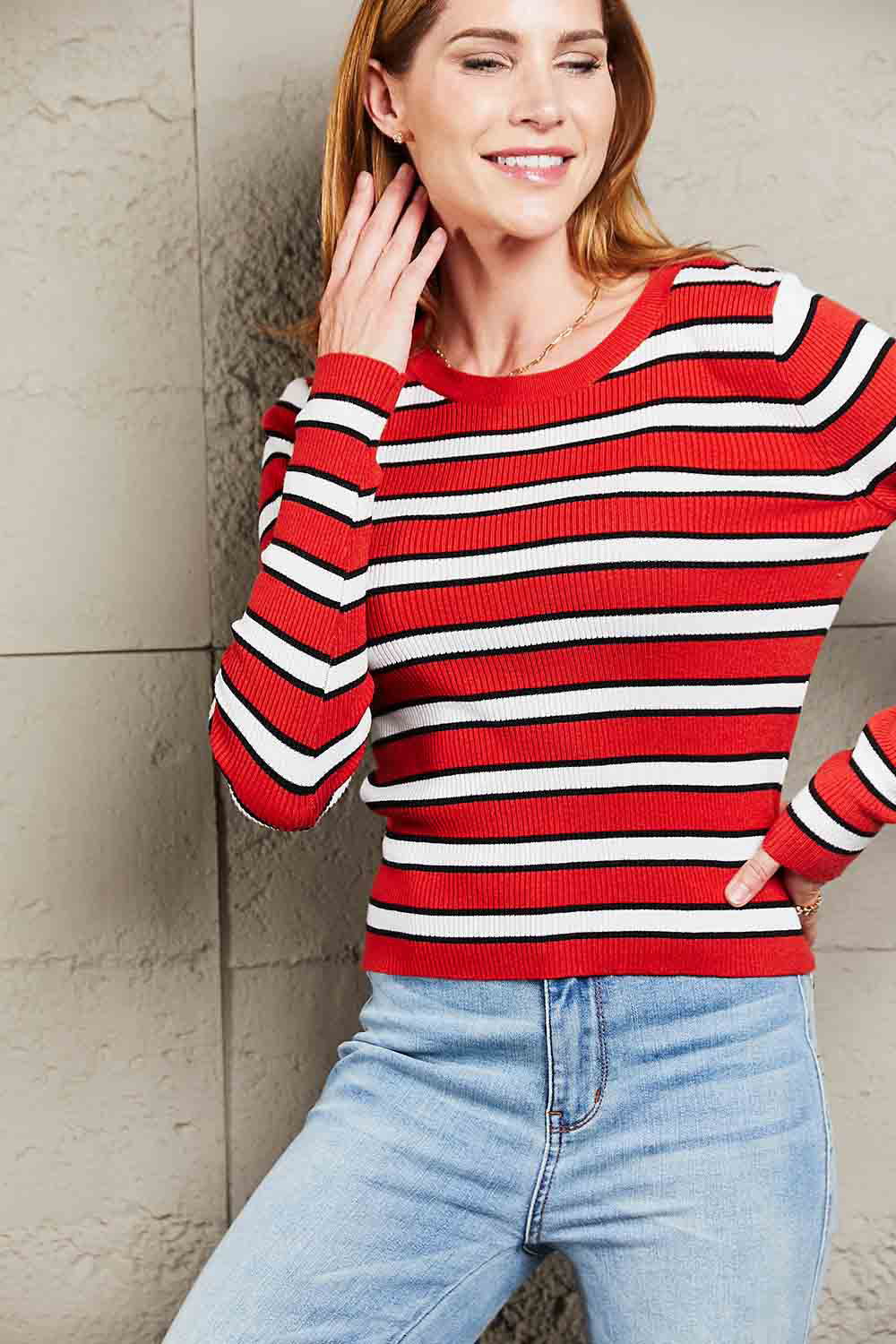 Striped Round Neck Long Sleeve Top - Classique Collection