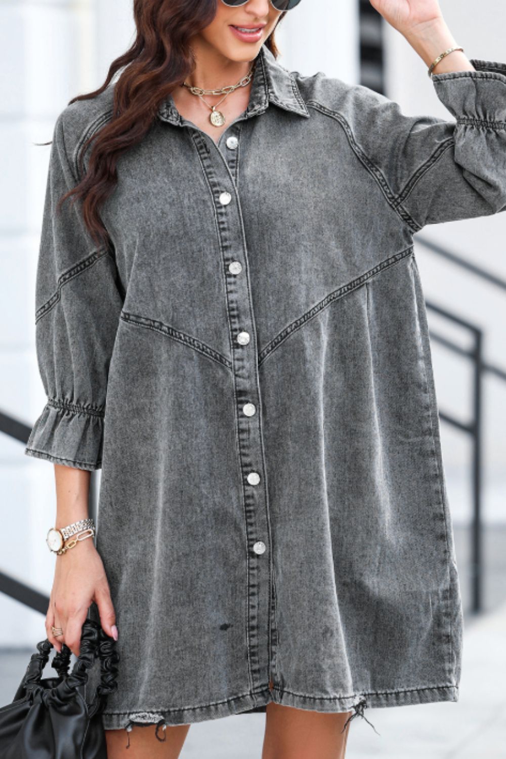 Distressed Collared Neck Flounce Sleeve Denim Dress - Classique Collection