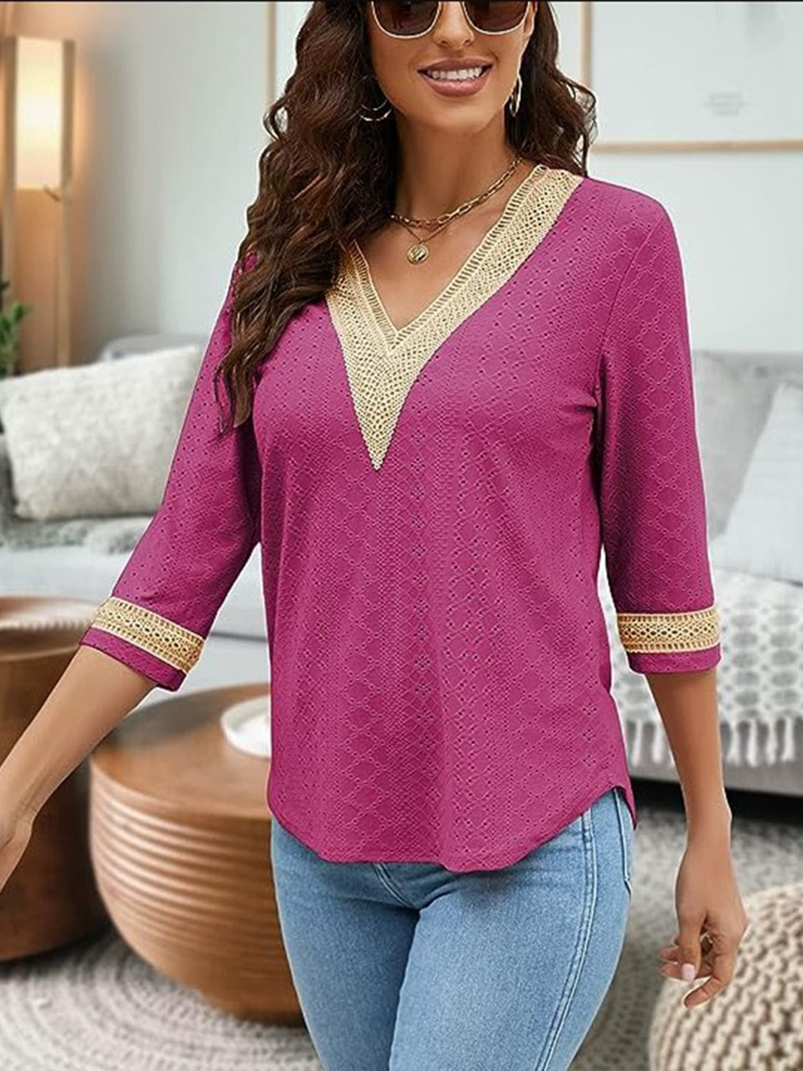 V-Neck Eyelet Blouse - Classique Collection