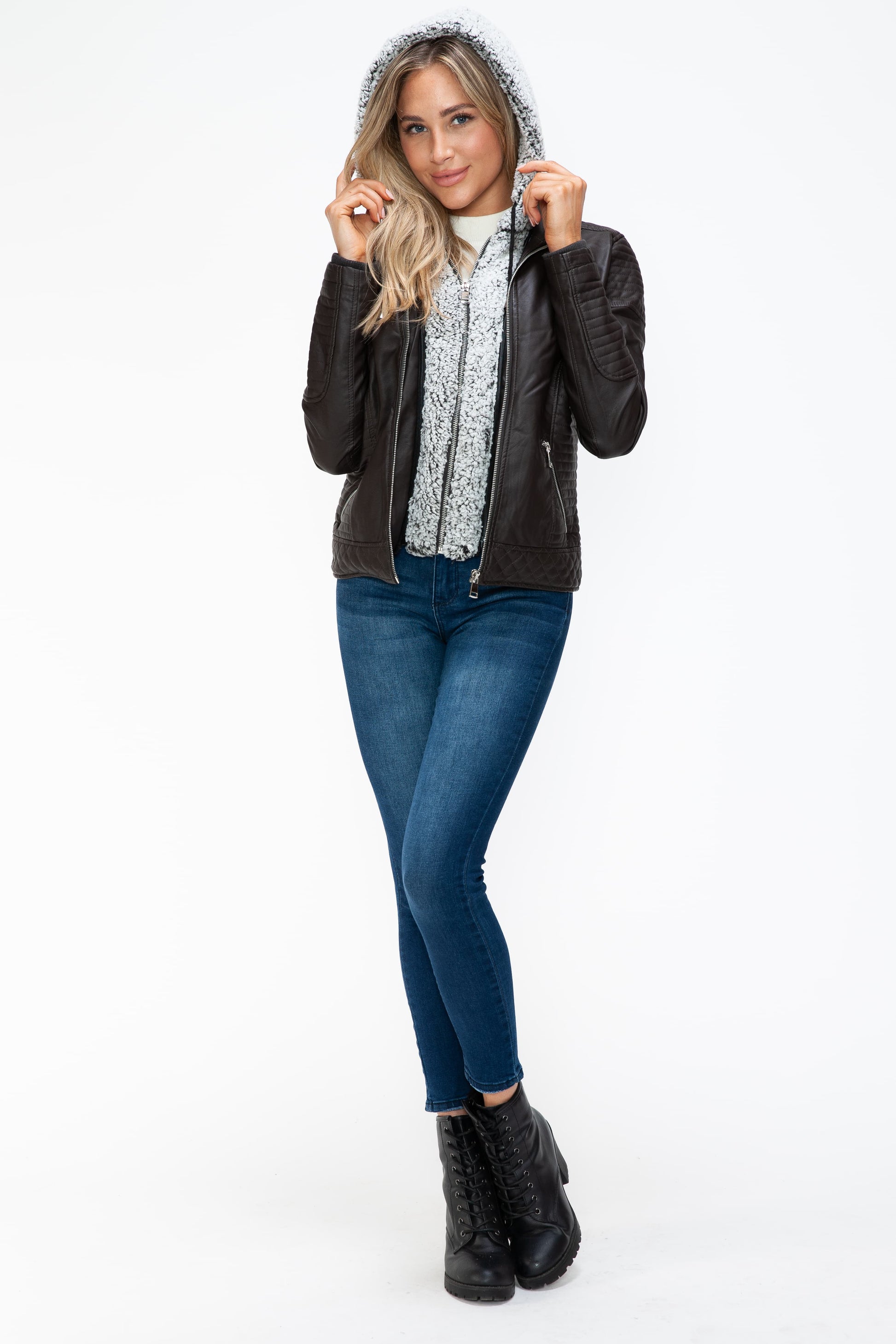 YMI Faux Layered Double-Zipper Jacket with Fuzzy Hood - ClassiQ