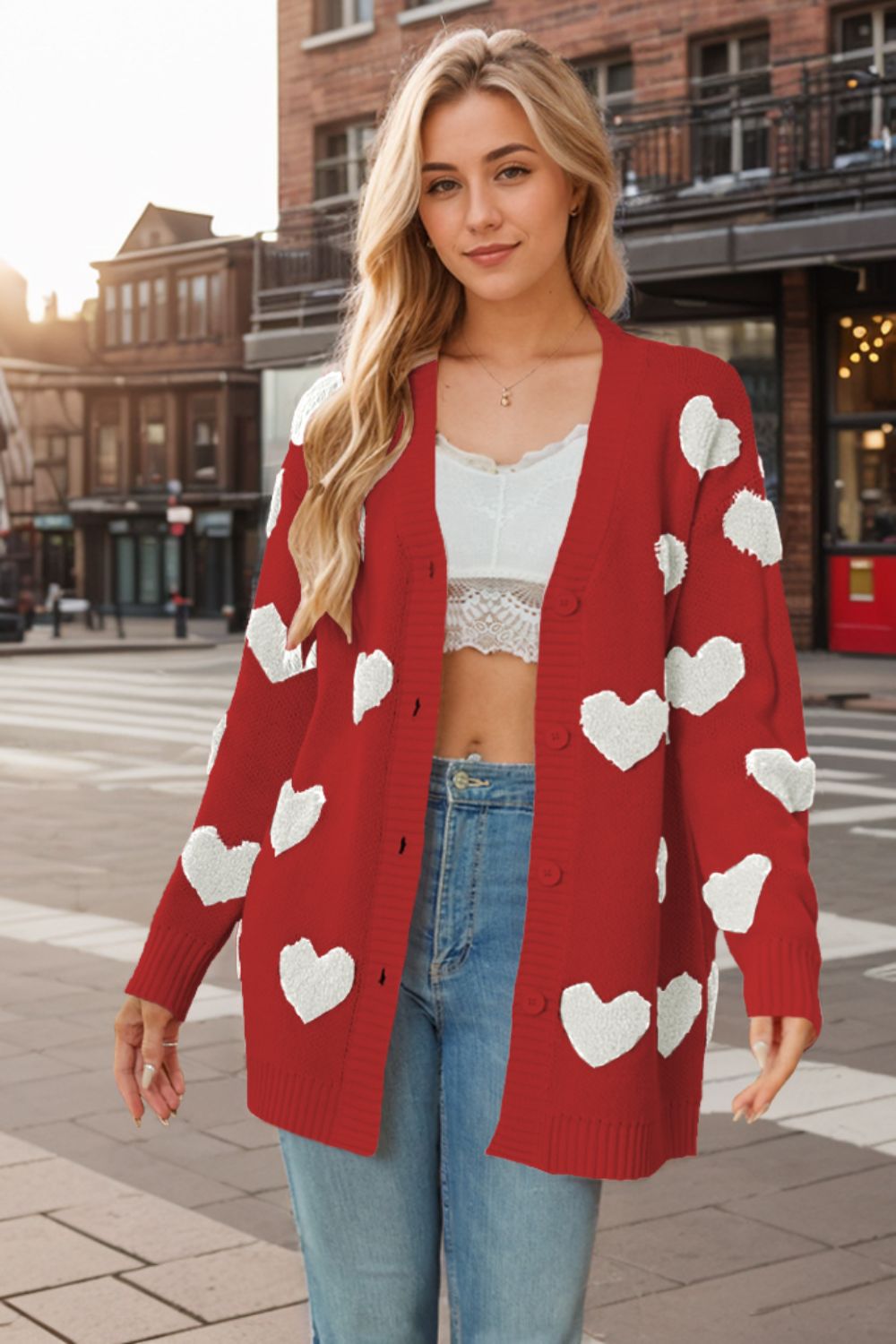 Heart Button Down Long Sleeve Cardigan - ClassiQ
