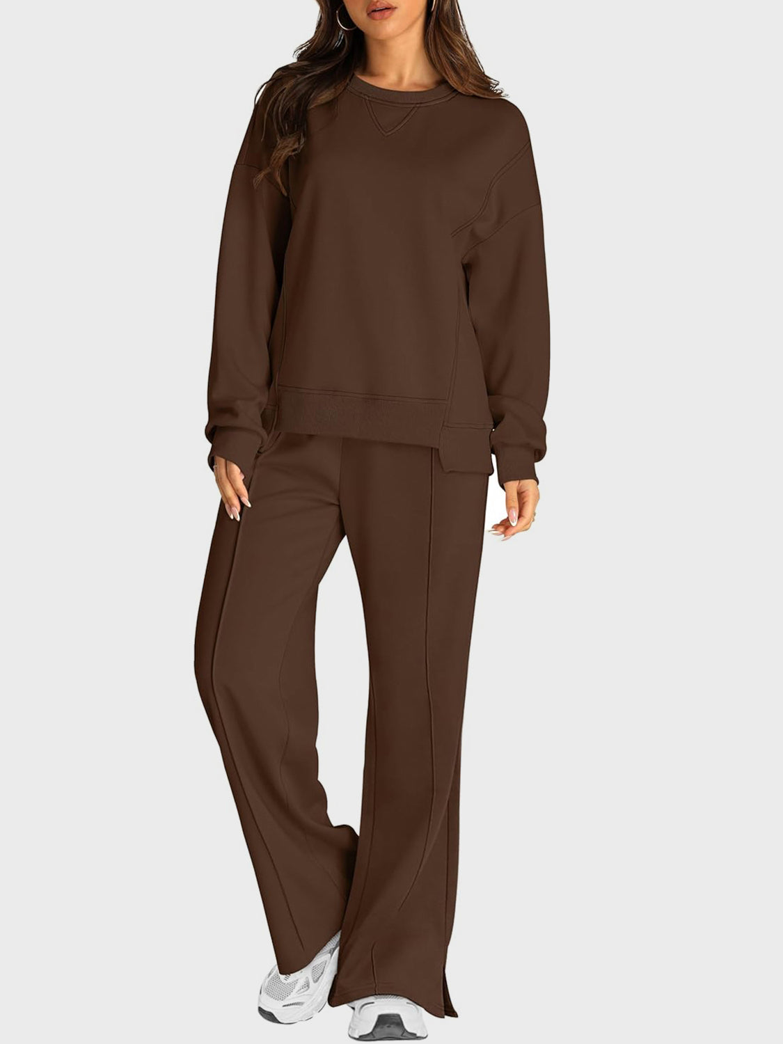 Round Neck Long Sleeve Top and Slit Pants Set - ClassiQ
