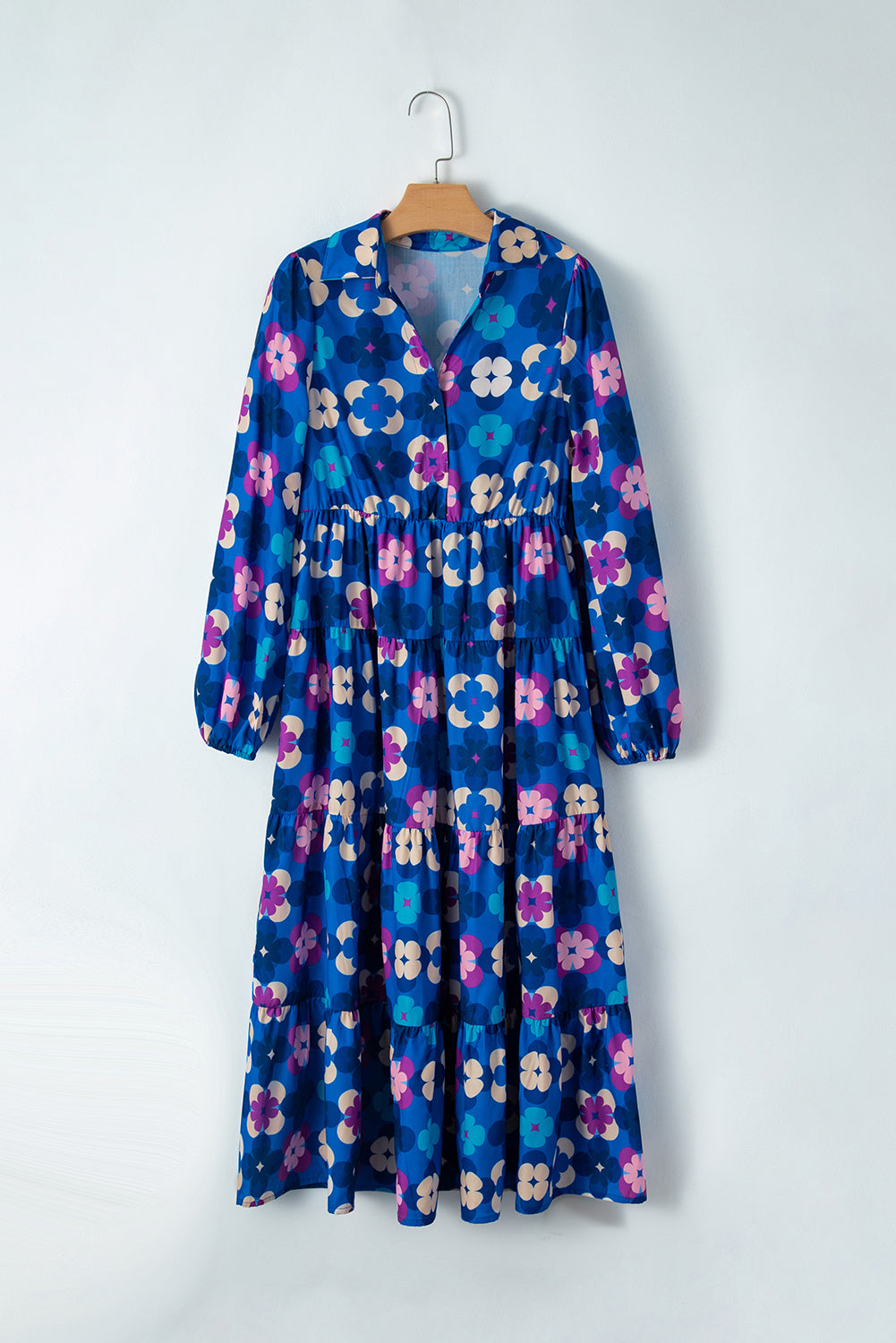 Printed Collared Neck Long Sleeve Midi Dress - Classique Collection