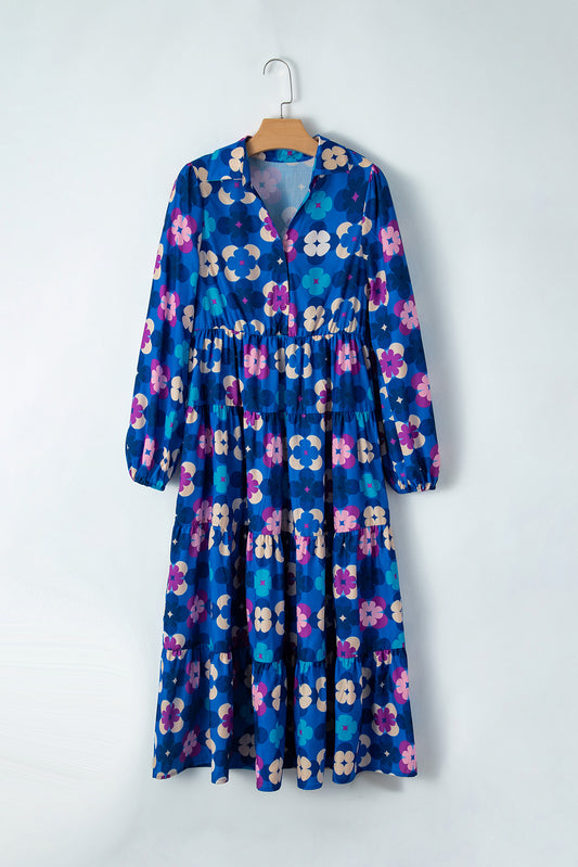 Printed Collared Neck Long Sleeve Midi Dress - Classique Collection