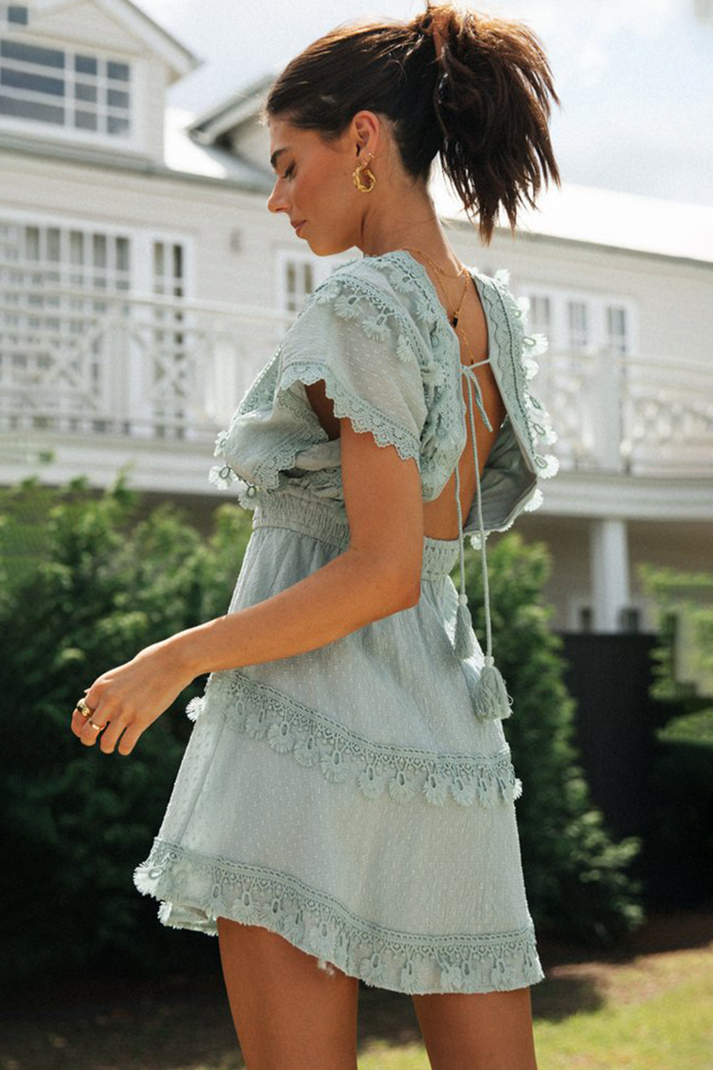 Lace Detail Plunge Short Sleeve Mini Dress - Classique Collection