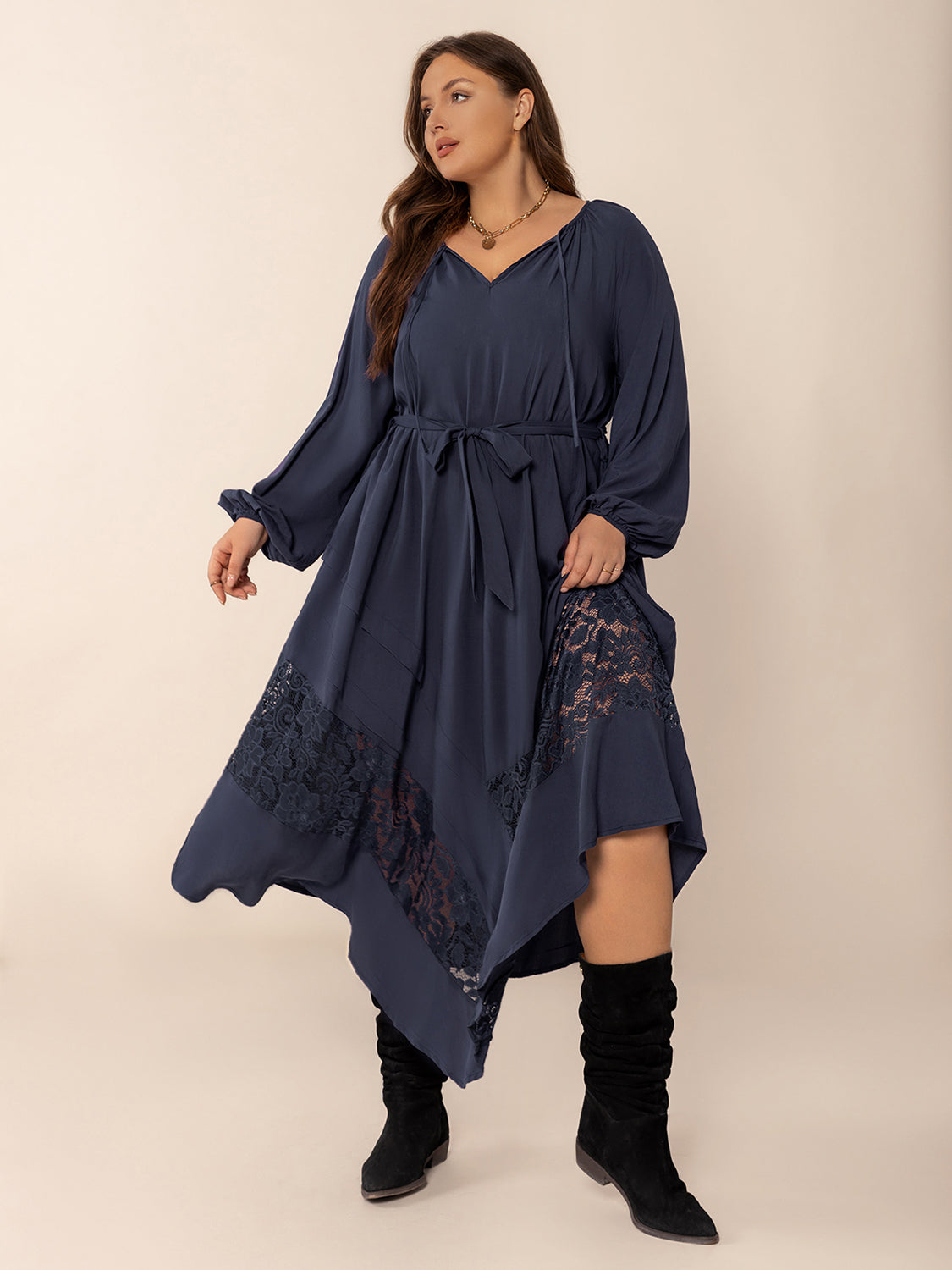 Plus Size Lace Detail Tie Neck Long Sleeve Midi Dress - Classique Collection