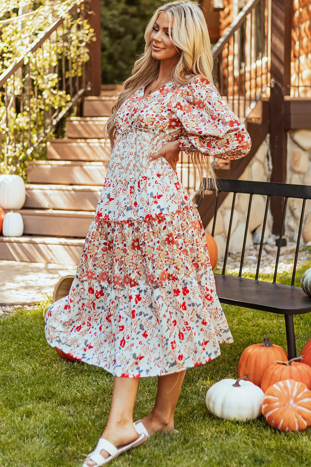 Full Size Printed V-Neck Lantern Sleeve Midi Dress - Classique Collection