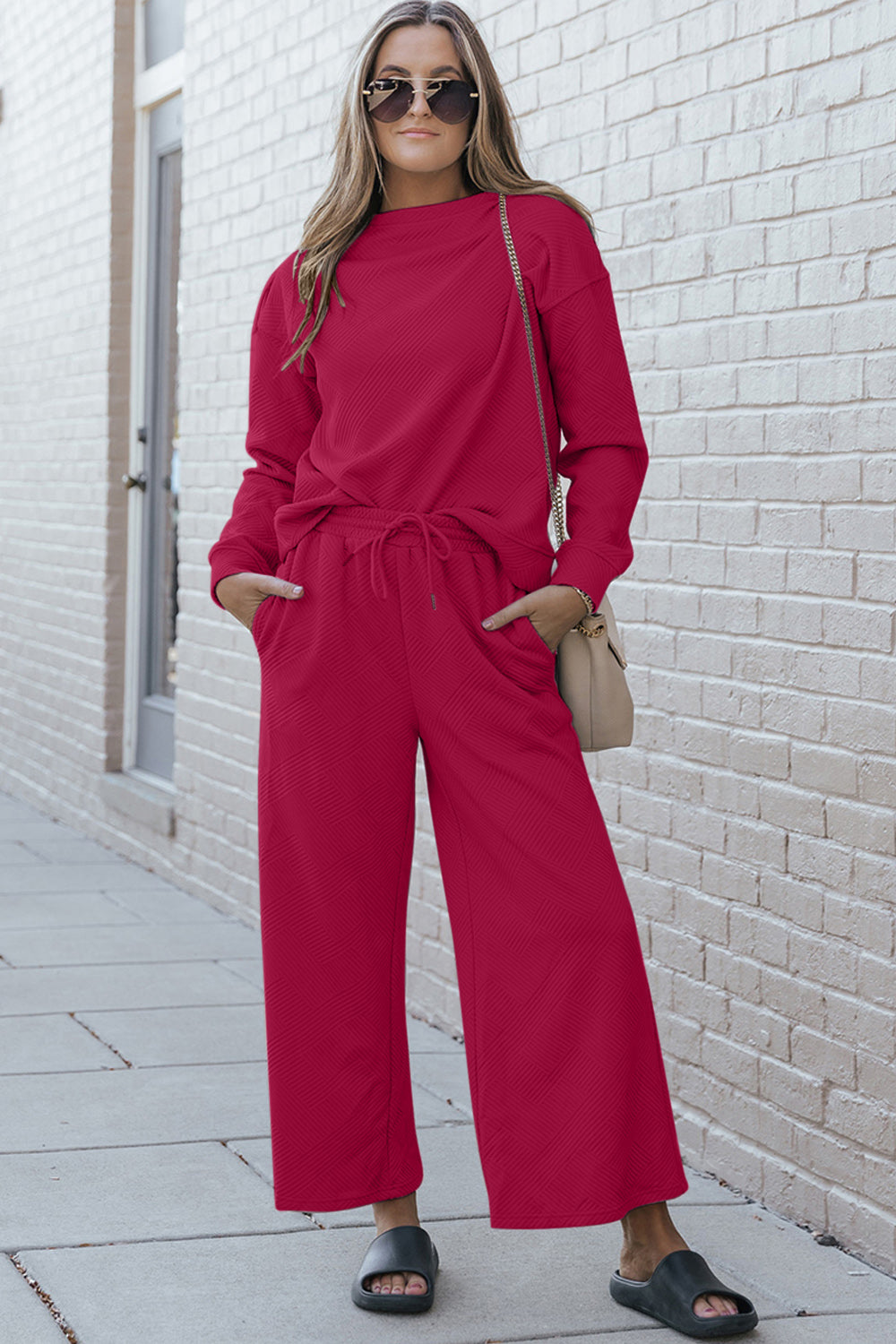 Double Take Full Size Textured Long Sleeve Top and Drawstring Pants Set - ClassiQ