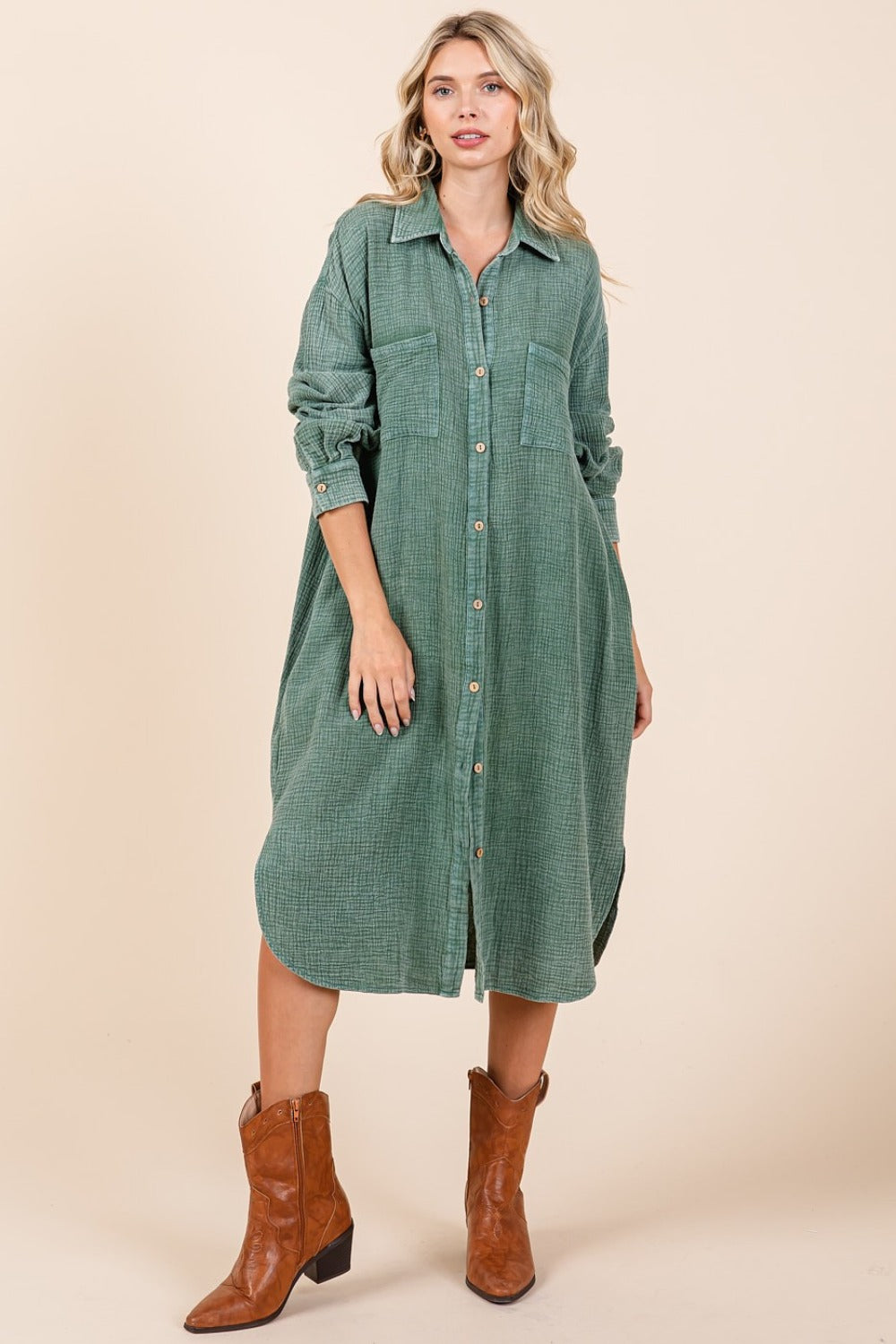 Mittoshop Mineral Wash Cotton Gauze Midi Shirt Dress - Classique Collection