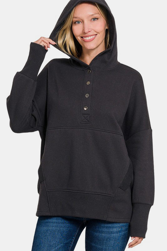 Zenana Half Snap Long Sleeve Hoodie with Kangaroo Pocket - Classique Collection