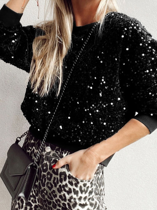 Sequin Round Neck Long Sleeve Blouse - Classique Collection