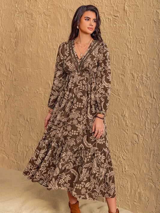 Ruched Printed V-Neck Long Sleeve Midi Dress - Classique Collection