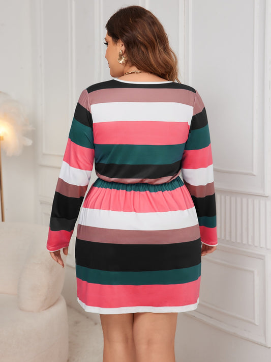 Honey Plus Size Striped V-Neck Long Sleeve Mini Dress - Classique Collection