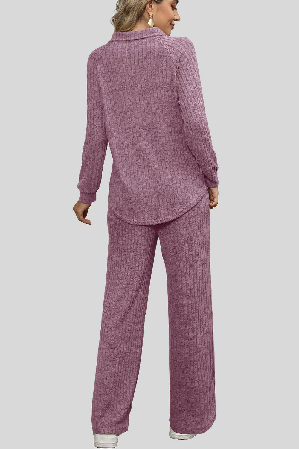 Ribbed Long Sleeve Top and Pocketed Pants Set - ClassiQ