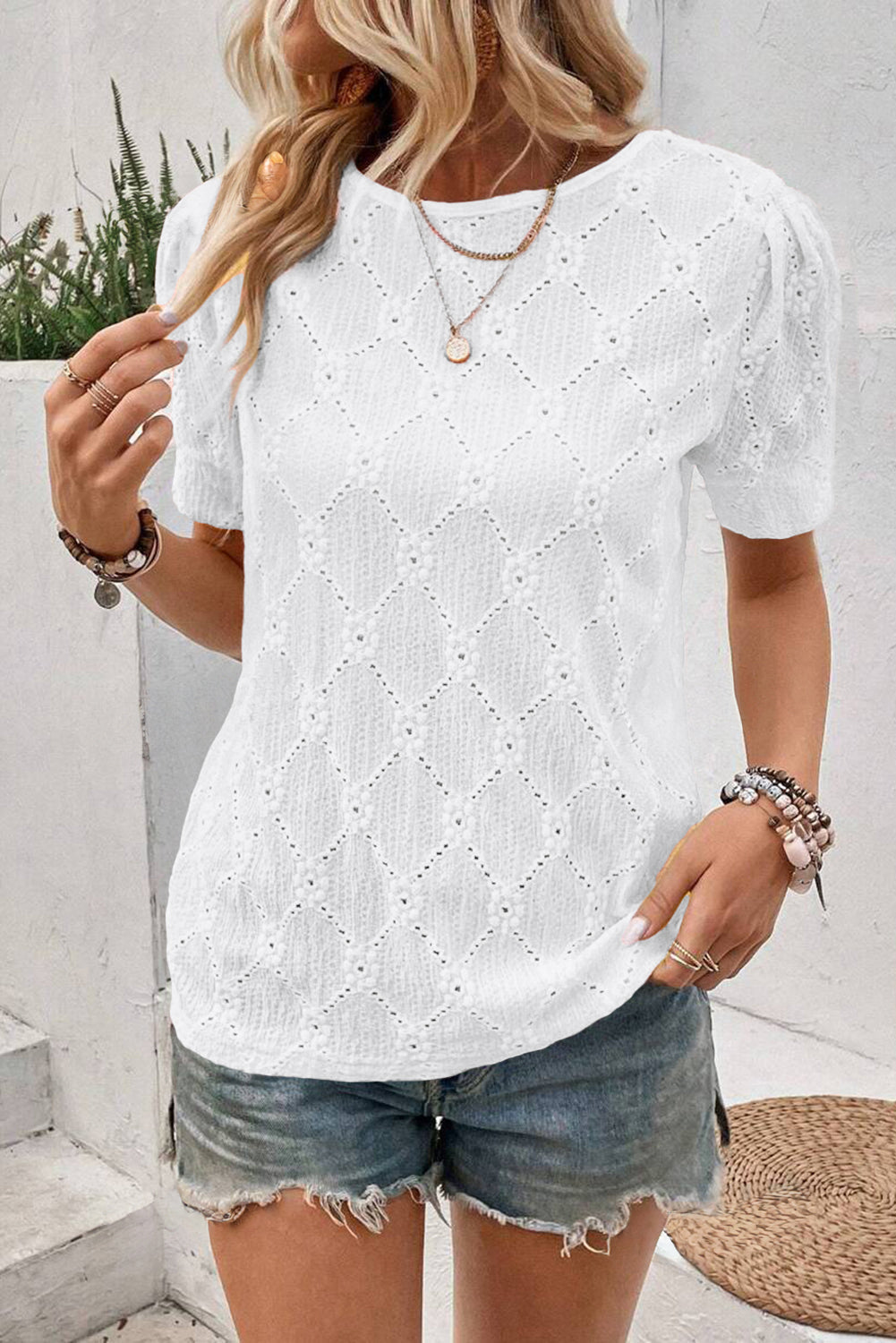 White Flower Geometric Textured Button Short Sleeve Top ClassiQ