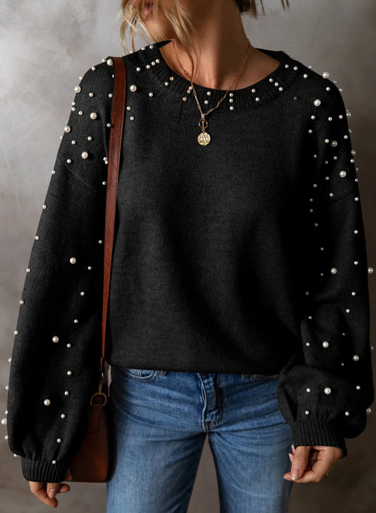 Pearl Detail Round Neck Long Sleeve Sweater - ClassiQ