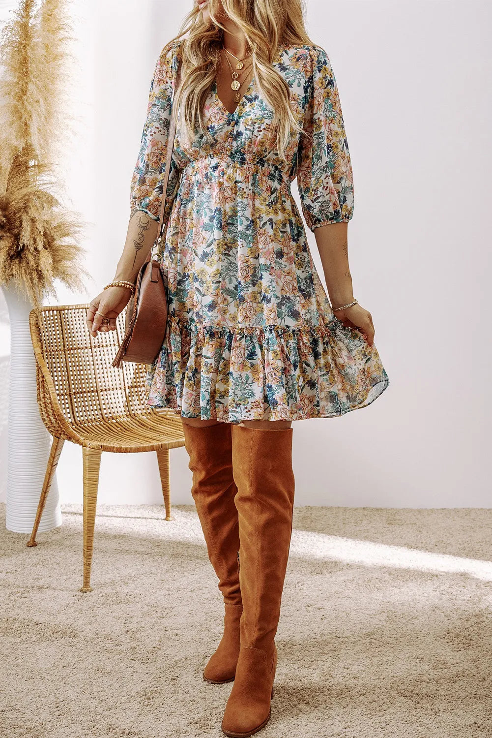 Printed V-Neck Half Sleeve Dress - Classique Collection