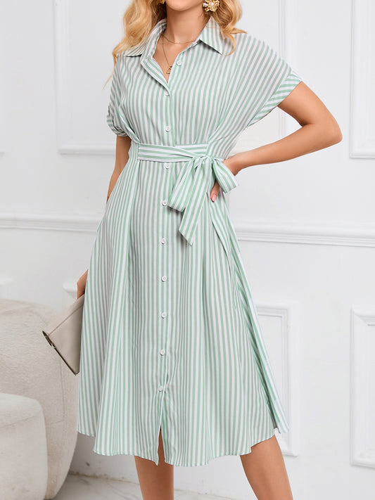 Striped Short Sleeve Tie Waist Midi Dress - Classique Collection