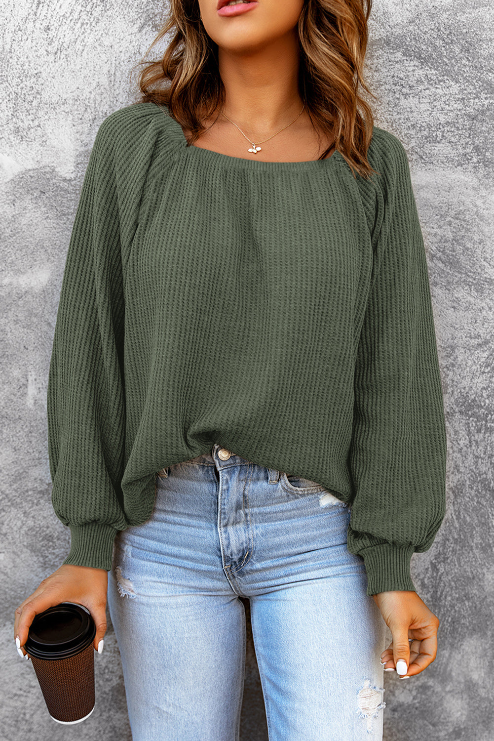 Square Neck Waffle-Knit Top - Classique Collection
