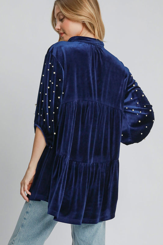 Umgee Pearl Detail Collared Neck Velvet Babydoll Blouse - Classique Collection