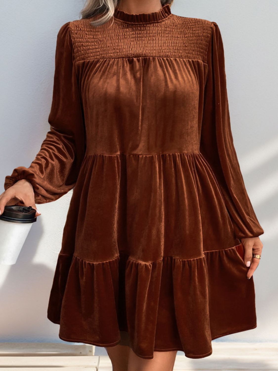Perfee Tiered Ruched Mock Neck Long Sleeve Dress - Classique Collection