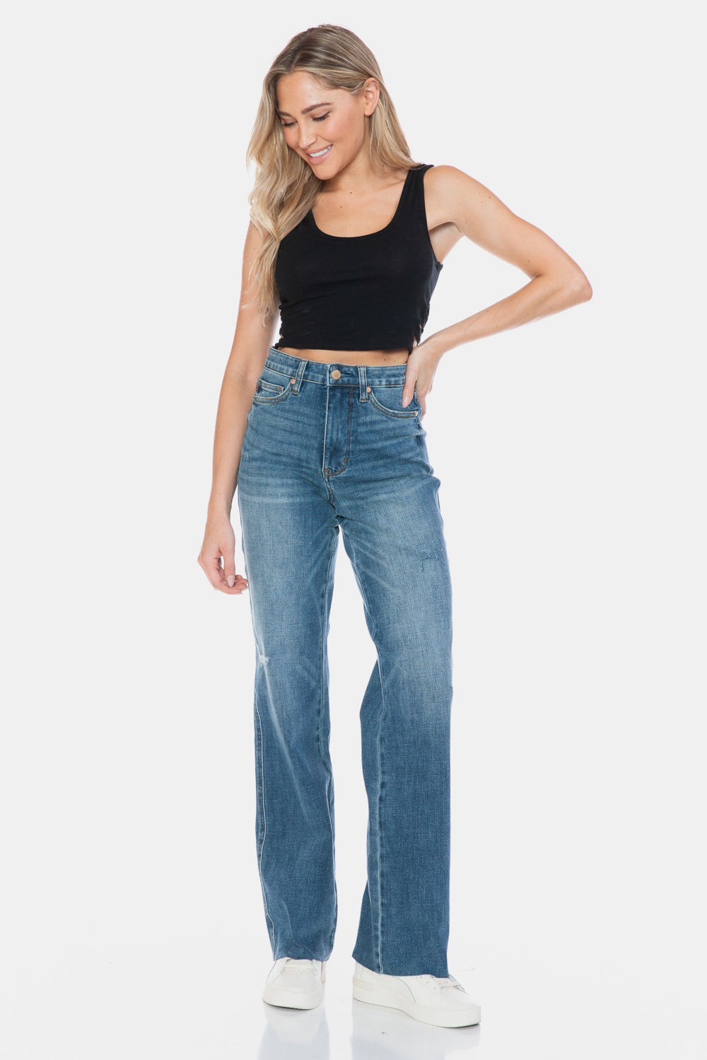 Judy Blue Full Size Tummy Control Cut Raw Hem Straight Jeans - Classique Collection