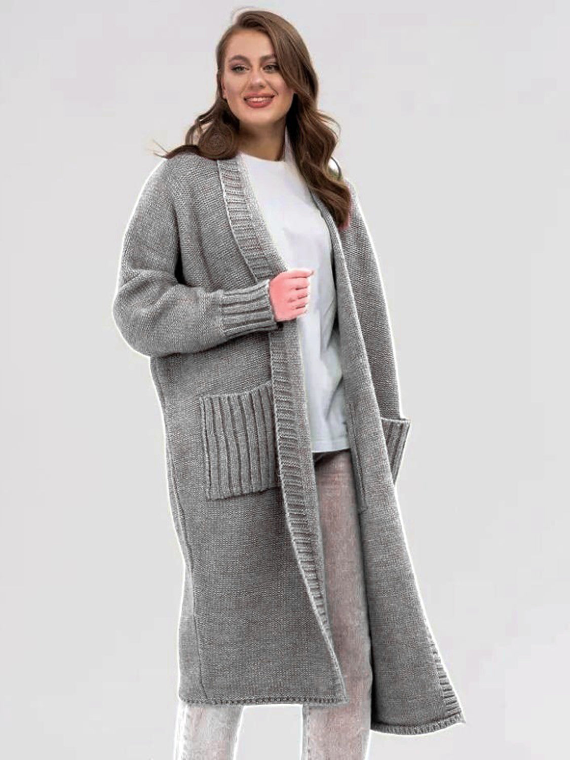 Pocketed Open Front Long Sleeve Longline Cardigan - ClassiQ