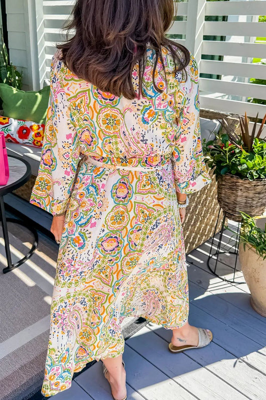Tied Printed Long Sleeve Midi Dress - Classique Collection