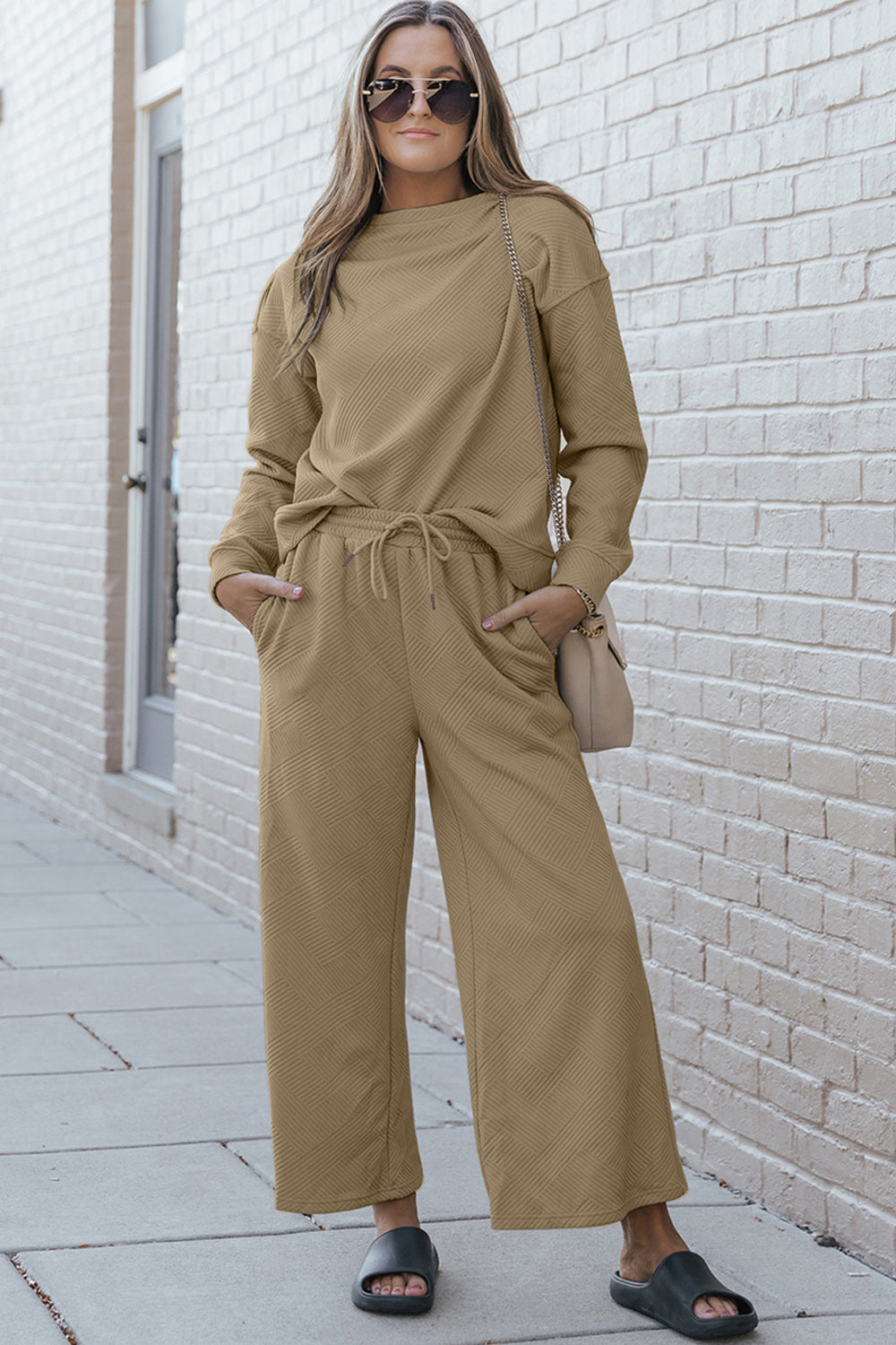 Double Take Full Size Textured Long Sleeve Top and Drawstring Pants Set - ClassiQ