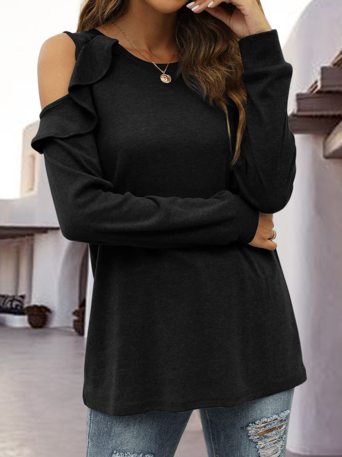 Round Neck Ruffled Cold-Shoulder Blouse - Classique Collection