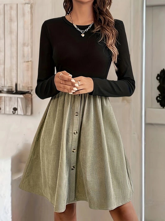 Contrast Round Neck Long Sleeve Dress - Classique Collection
